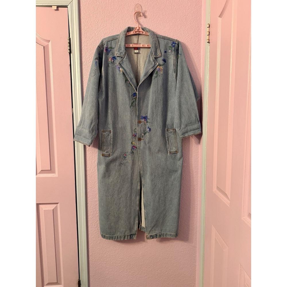 Vtg Sun Belt Denim Trench Coat Size L Floral Long Western Jean Duster Boho 70s